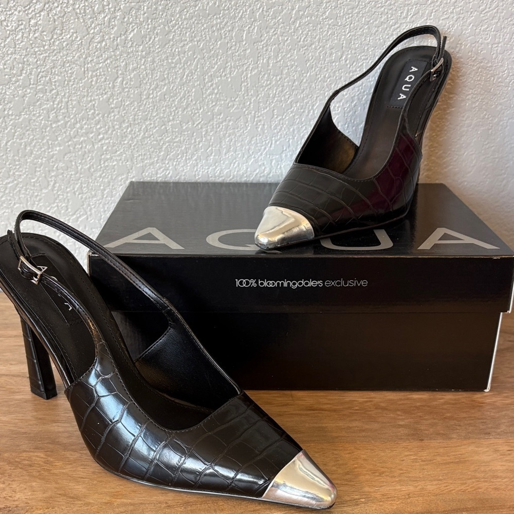 Aqua Black Croc Heels with Metallic Tips